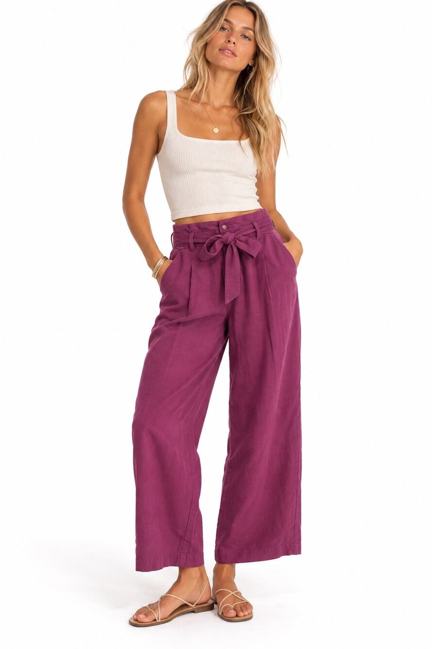 Preppy Teacher Work High Waist Belted Wide Leg Ann Taylor Loft Trousers in Plum